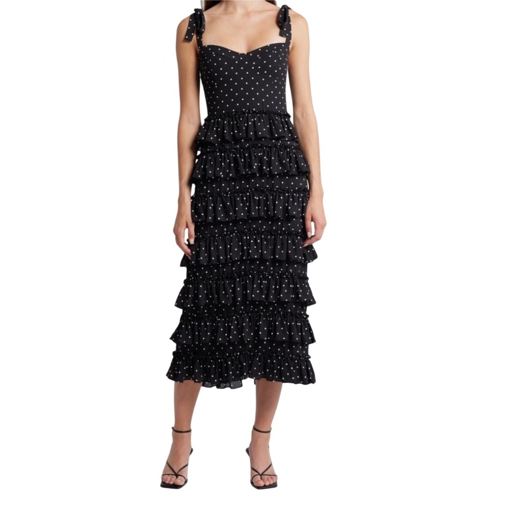 WAYF Masie Black Polka Dot Tiered Ruffle Midi Dress Tie Shoulder Size L